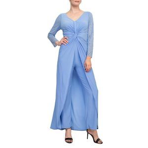 Marina V Neck Long Beaded Sleeves Back Zipper Knot Twist Jersey Jumpsuit-6, Peri